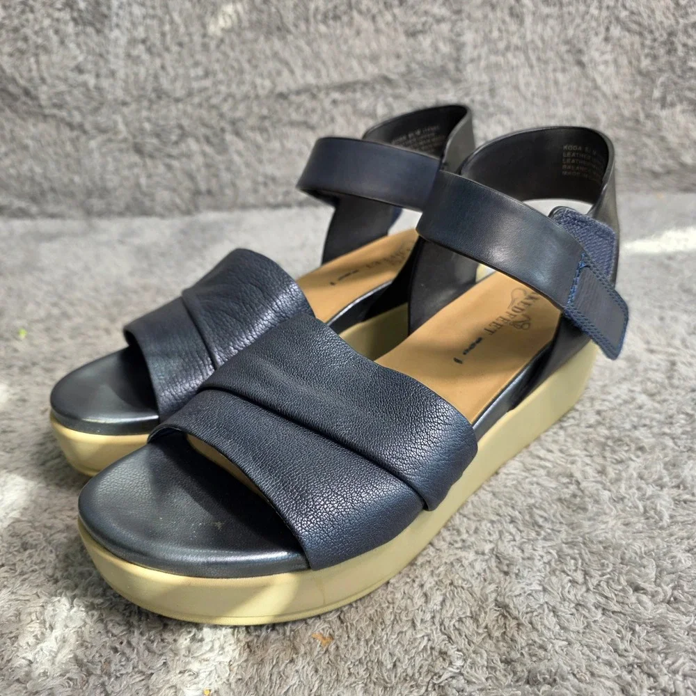 Naked Feet‎ Koda Platform Wedge Sandals Navy Blue Leather Womens 8.5 Good